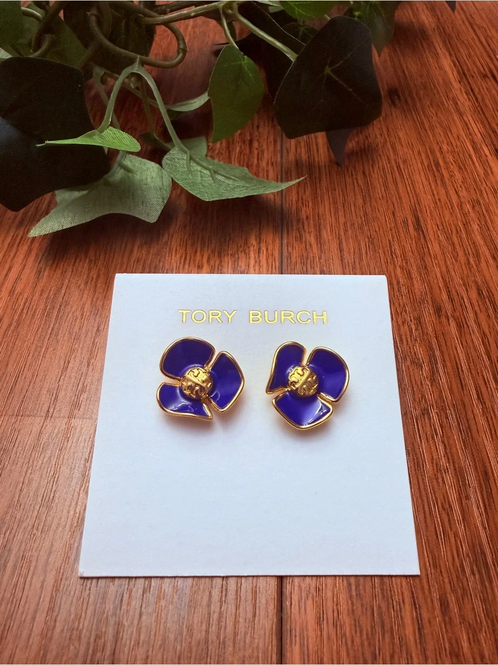 Tory Burch Gold-Tone Purple Enamel Flower Stud Earrings